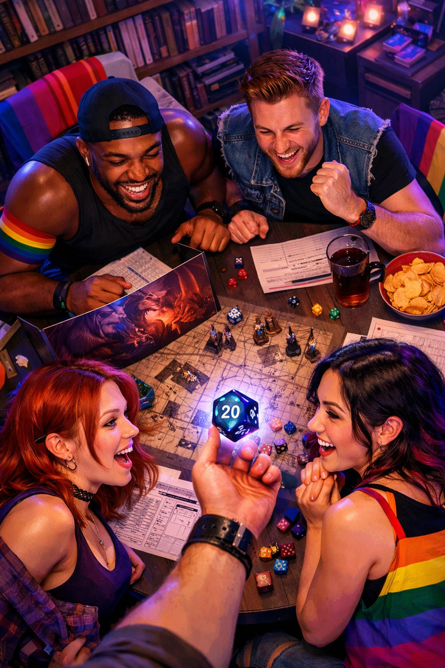 Diverse LGBTQ+ friends playing Dungeons and Dragons together, highlighting community building through queer geek culture.