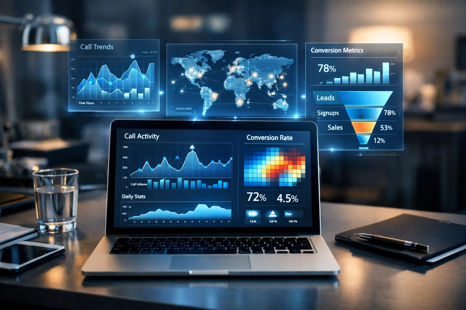 Business analytics dashboard displaying call data and conversion metrics from AI voice agents