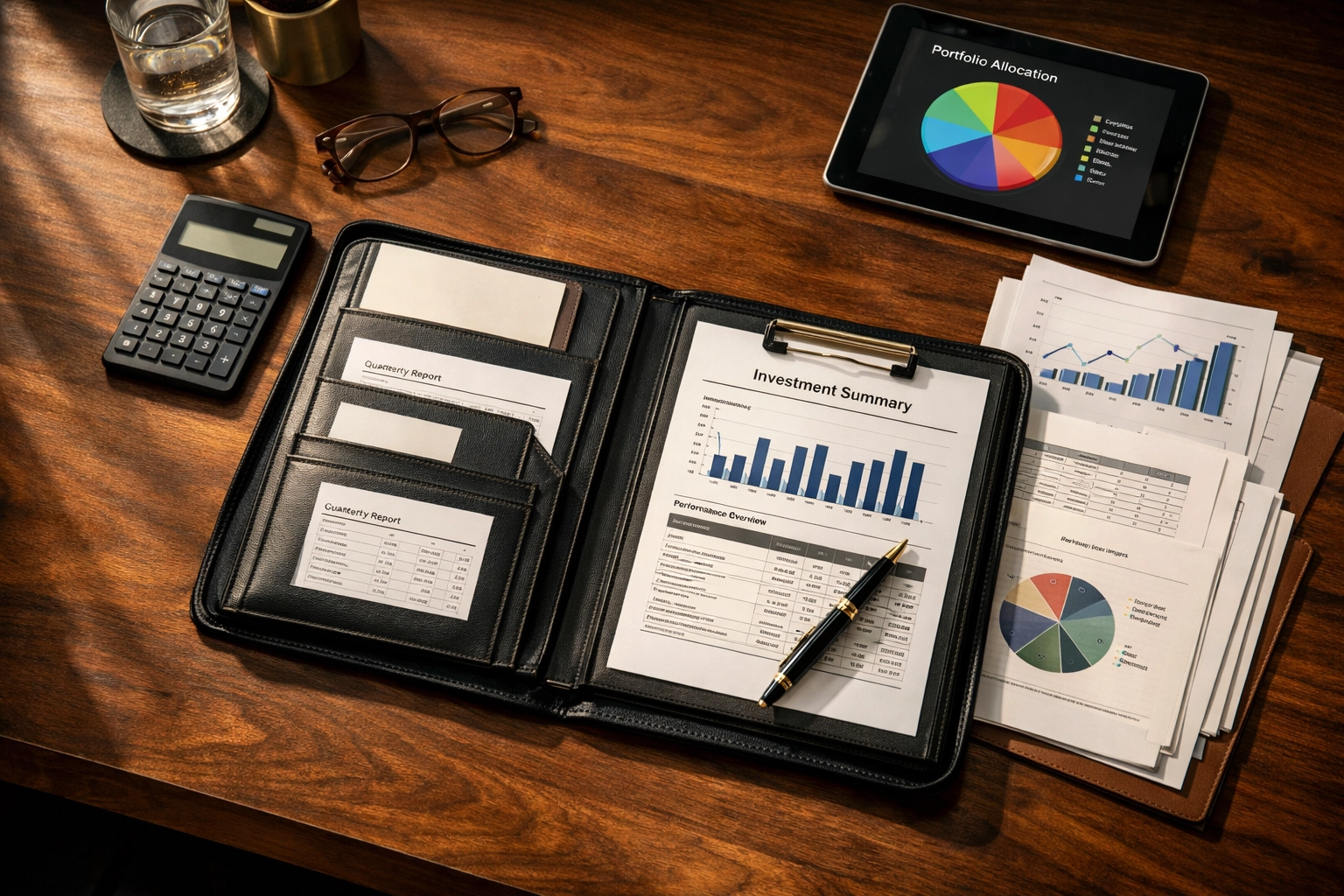 Financial planning desk with portfolio documents, charts, and allocation strategy for wealth management