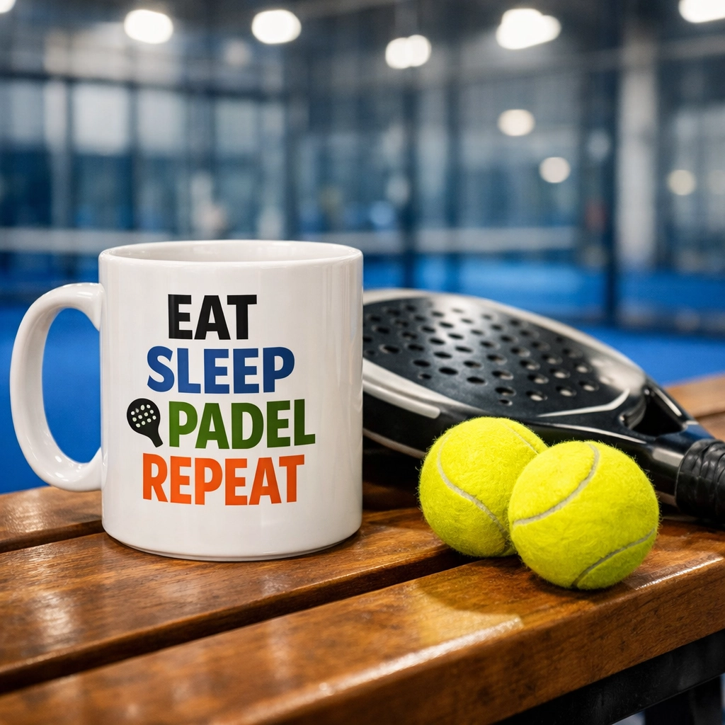 Eat Sleep Padel Repeat mug next to a racket and balls on a bench at a Padel club court.
