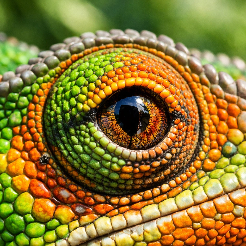 Close-up of a panther chameleon eye showing vibrant green scales for a species spotlight marketing campaign.