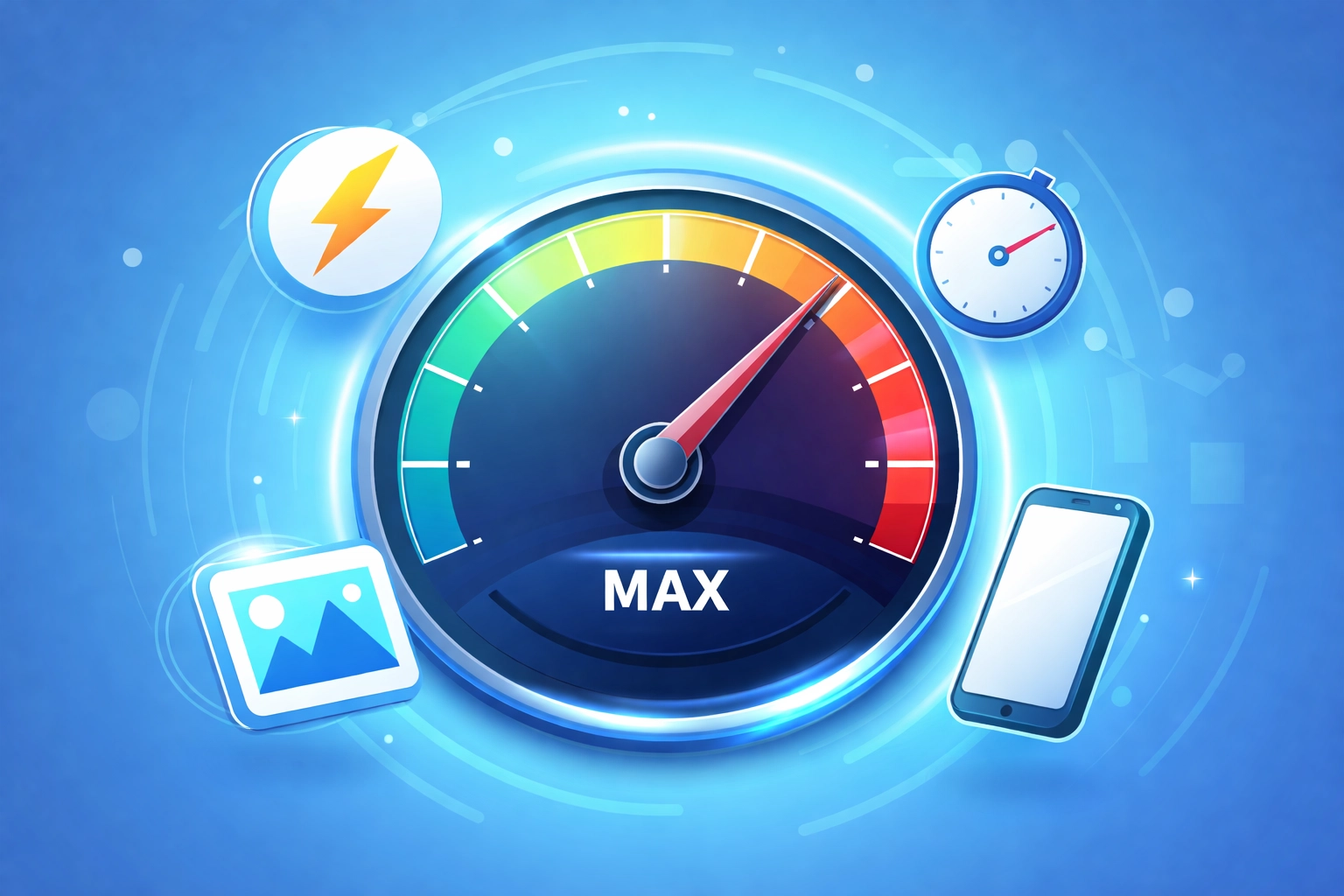 Speedometer graphic with web performance icons, emphasizing the importance of site speed and performance optimization