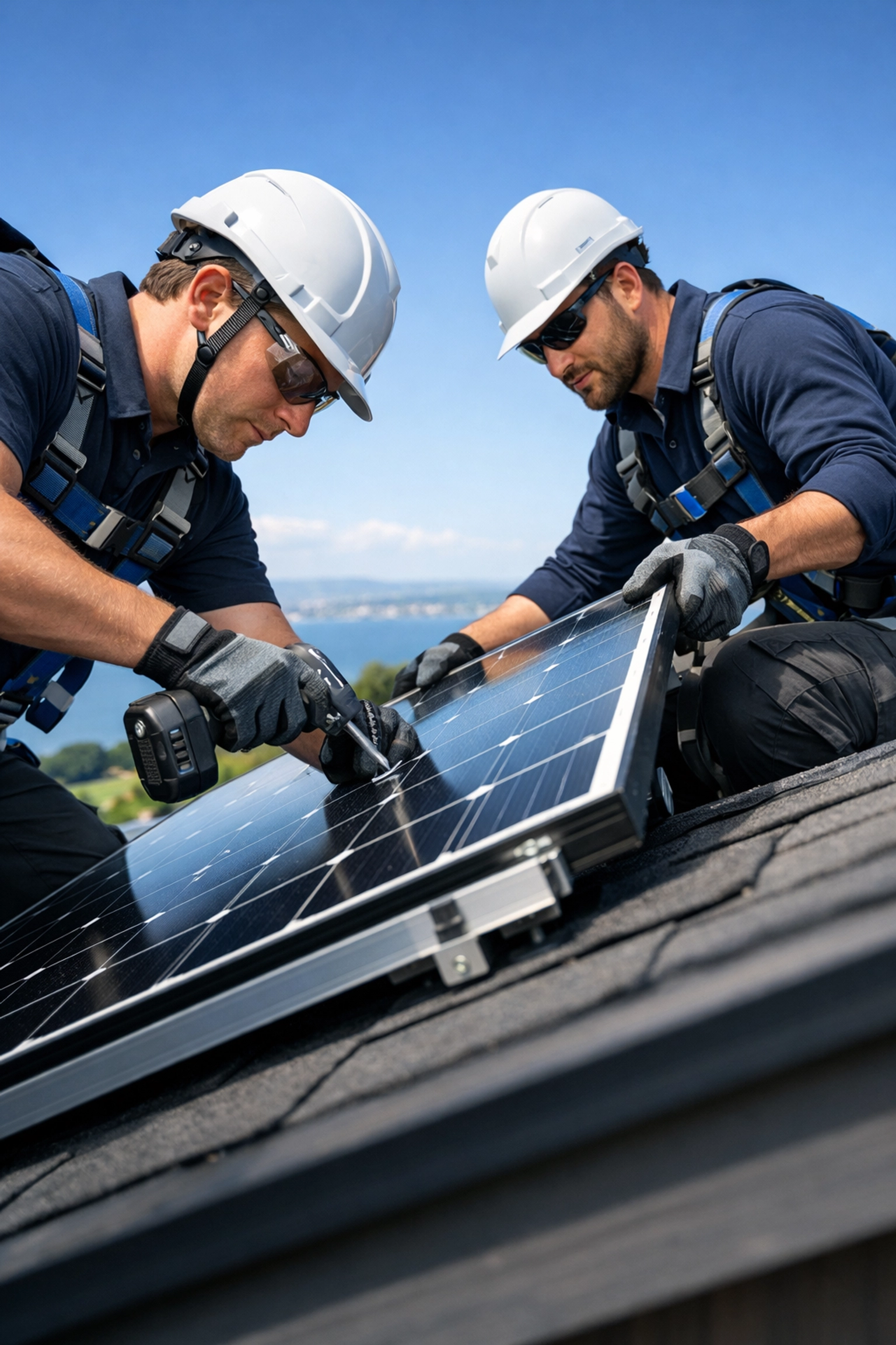 Expert renewable energy installers fitting premium solar panels on a residential roof in Hampshire.