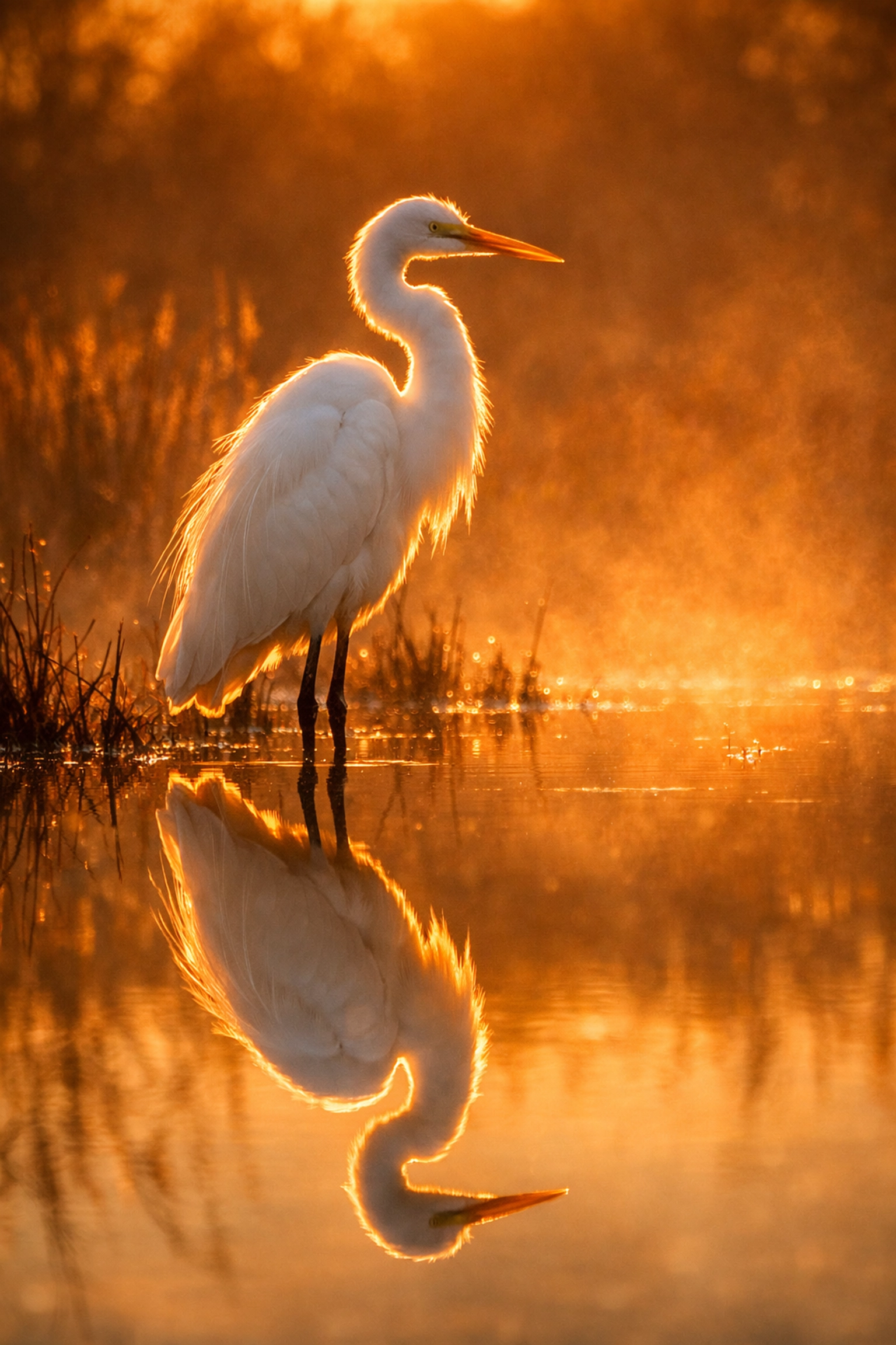 A Great White Egret captured in soft golden hour light, reflecting the beauty of Everglades wildlife photography.