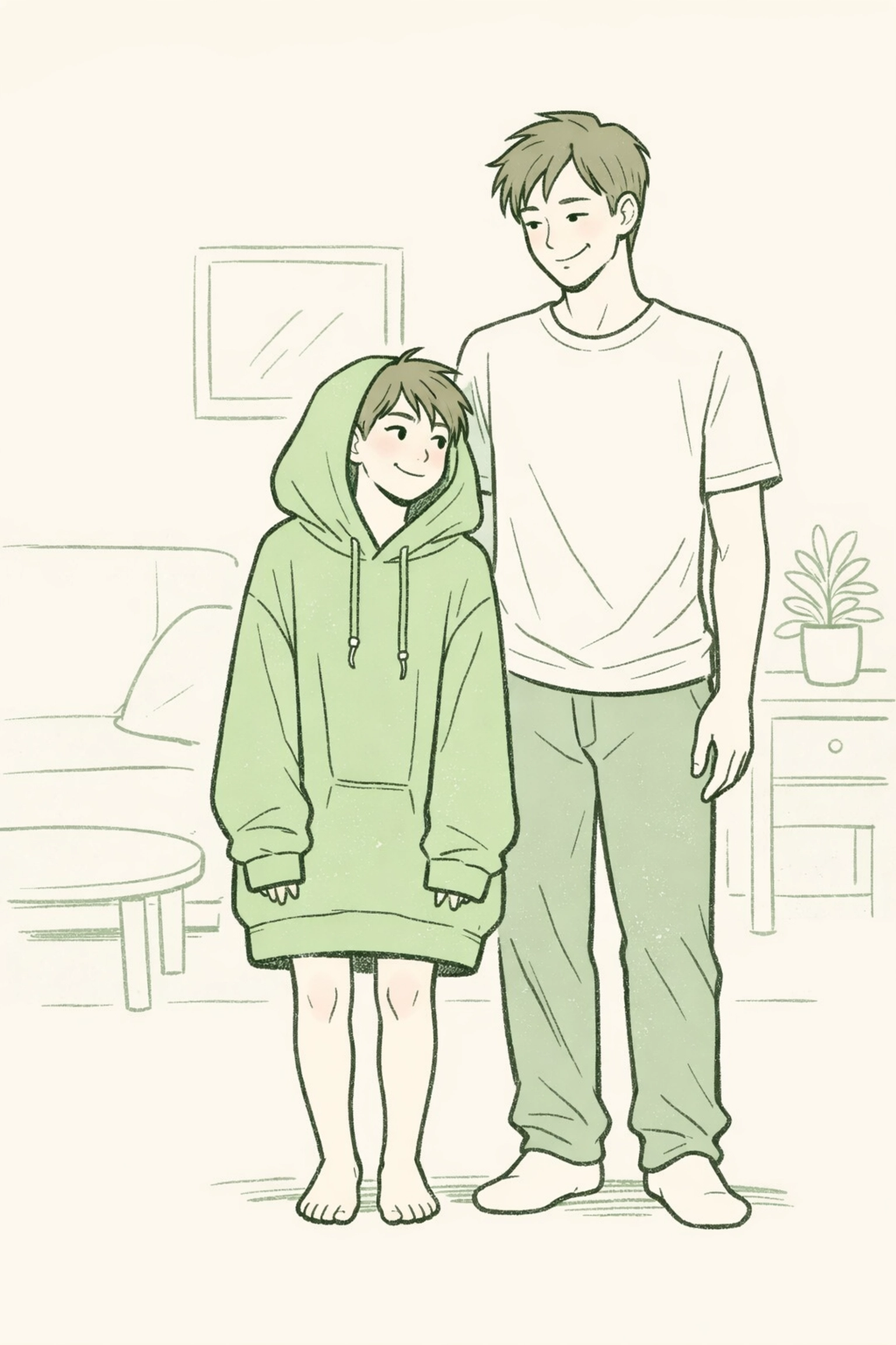 Short man wearing tall boyfriend's oversized hoodie in MM romance domestic scene
