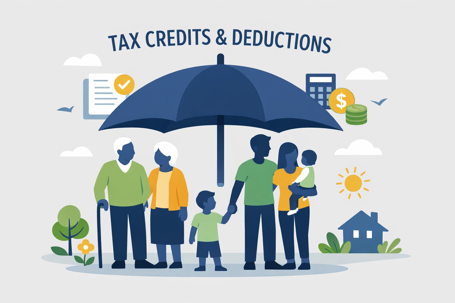Family and seniors under an umbrella symbolizing 2026 tax credits and planning strategies.