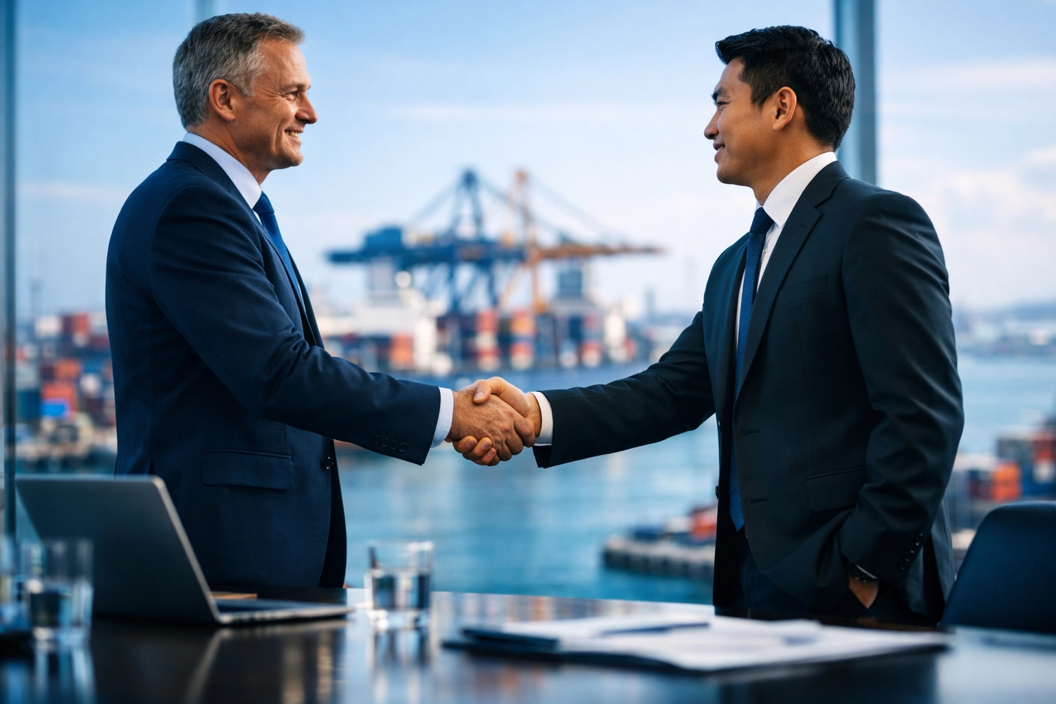 Business partners shaking hands to illustrate successful cross-border selling and global trade.