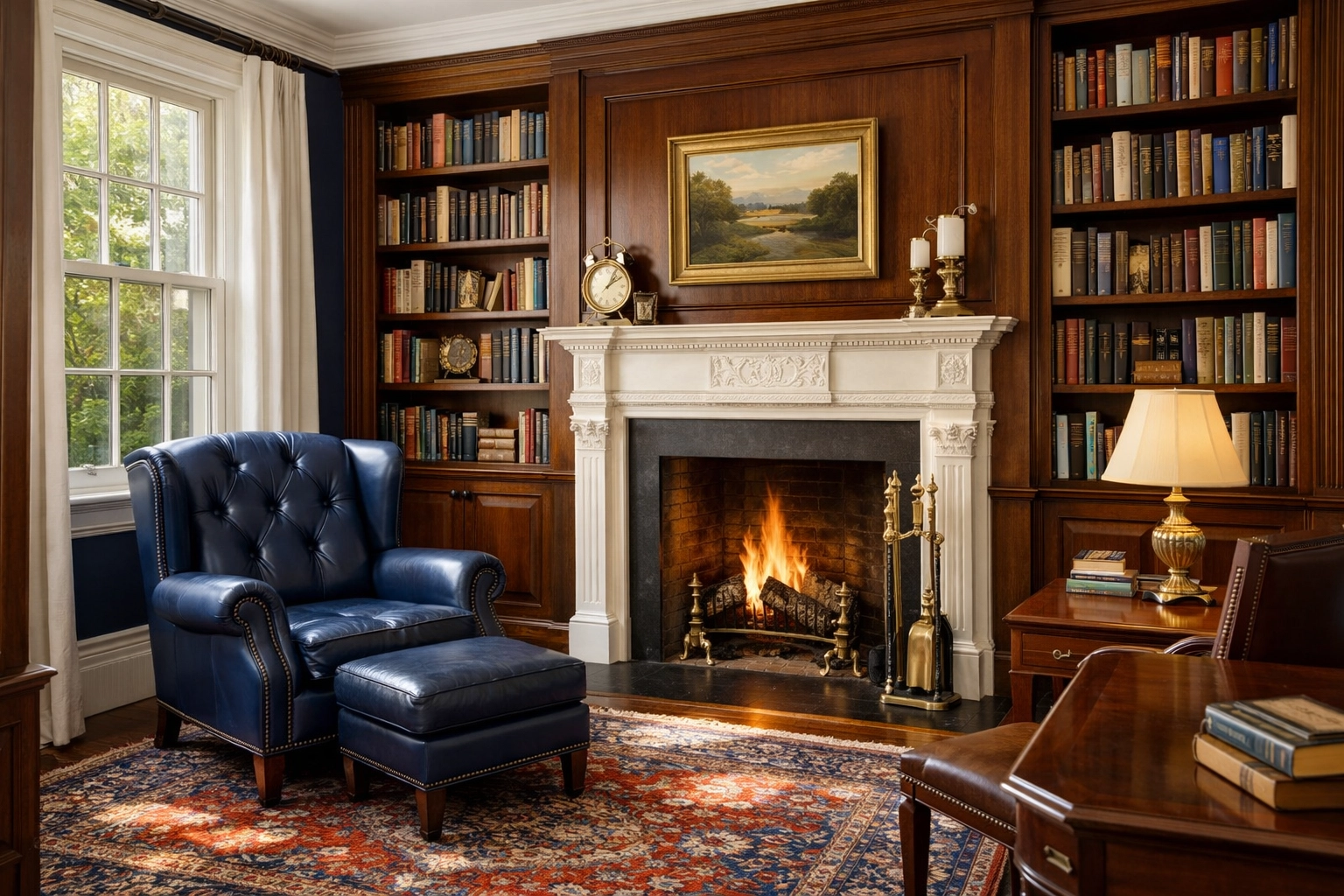 Meticulously maintained home library in Concord with sun-drenched bookshelves and a classic mantel.
