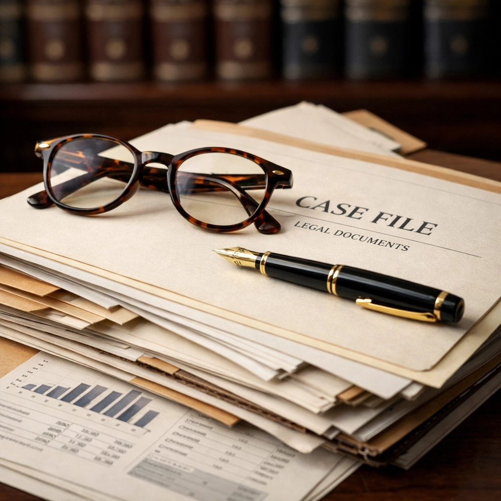 Organized financial documents and legal files on a desk during a divorce under criminal investigation.