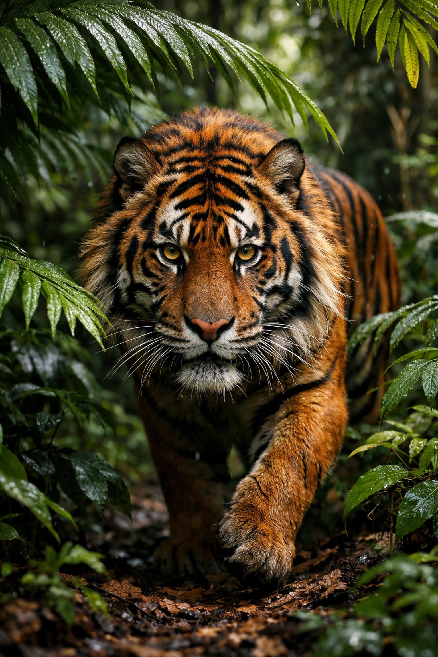 Endangered Sumatran tiger in a dense tropical rainforest illustrating wildlife conservation needs.