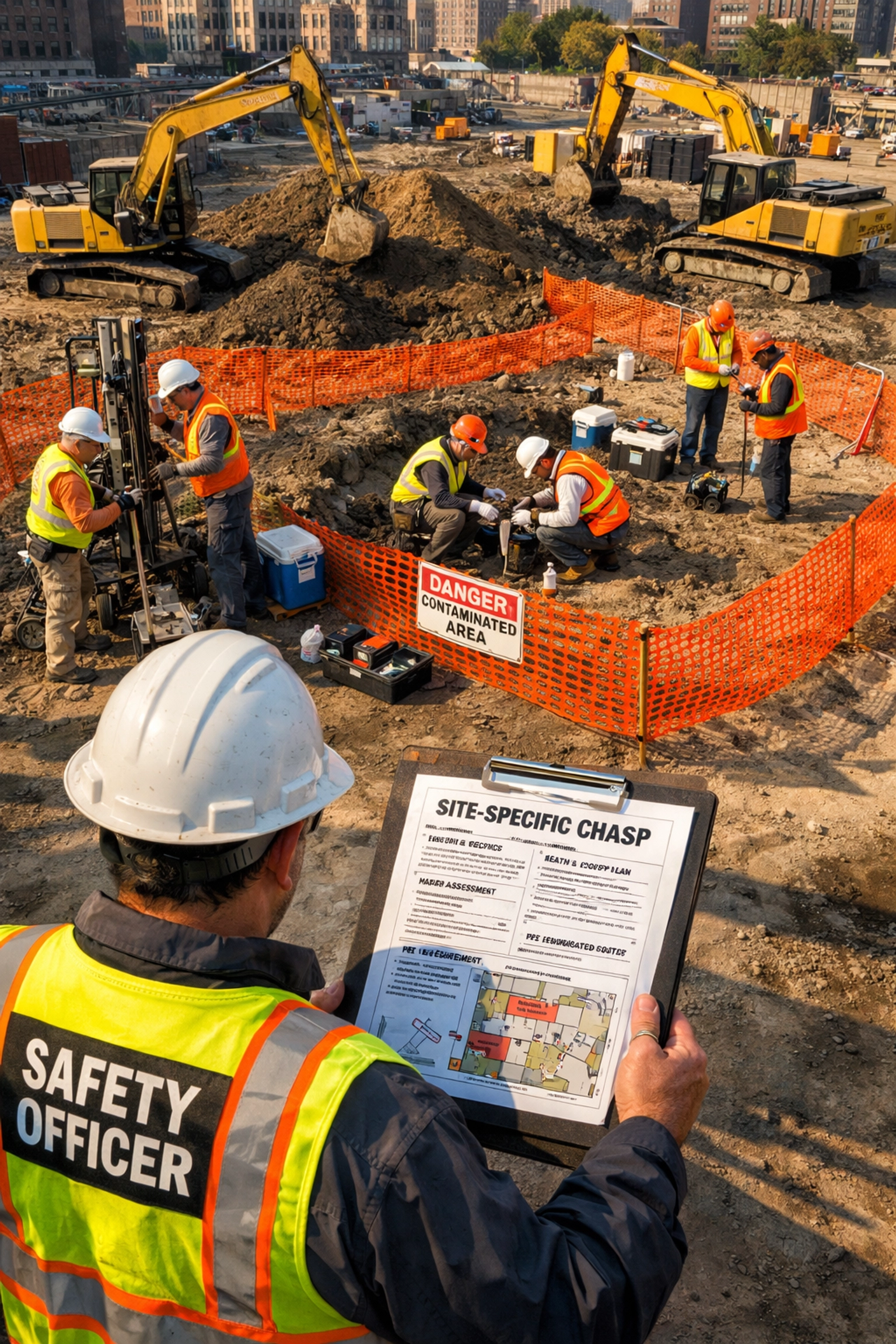 NYC construction site with environmental monitoring and CHASP safety protocols in action