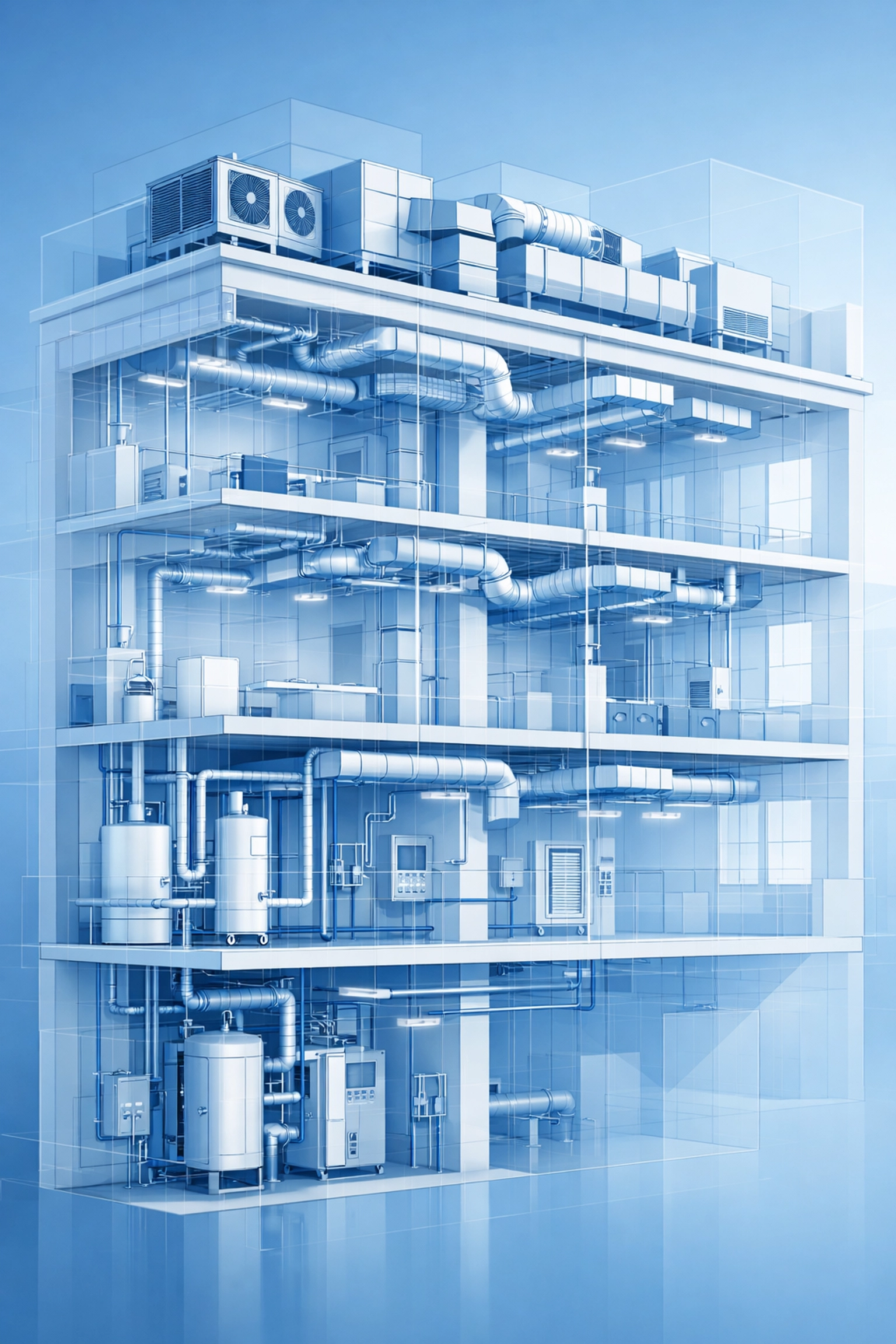 Detailed architectural diagram of a multi-family building's mechanical systems, showcasing HVAC units, plumbing, and electrical components relevant to property management in DUMBO.