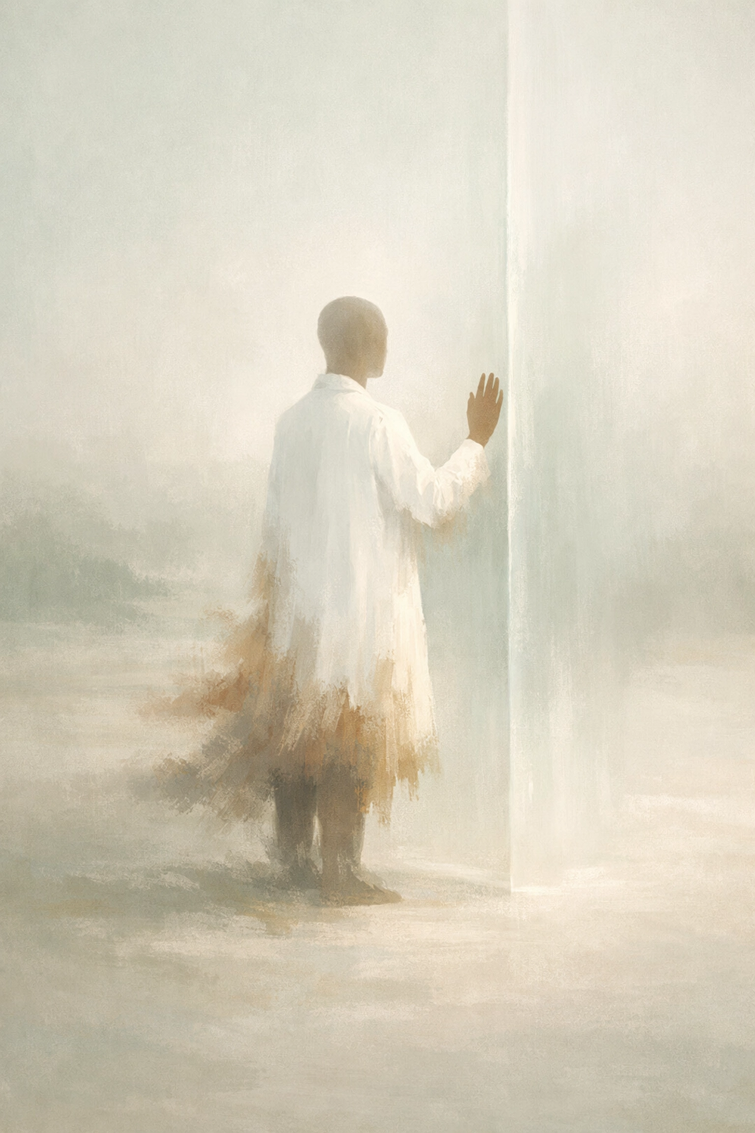 Figure in a white coat creating boundaries, a key theme in affirming psychiatric care for high-achieving professionals.