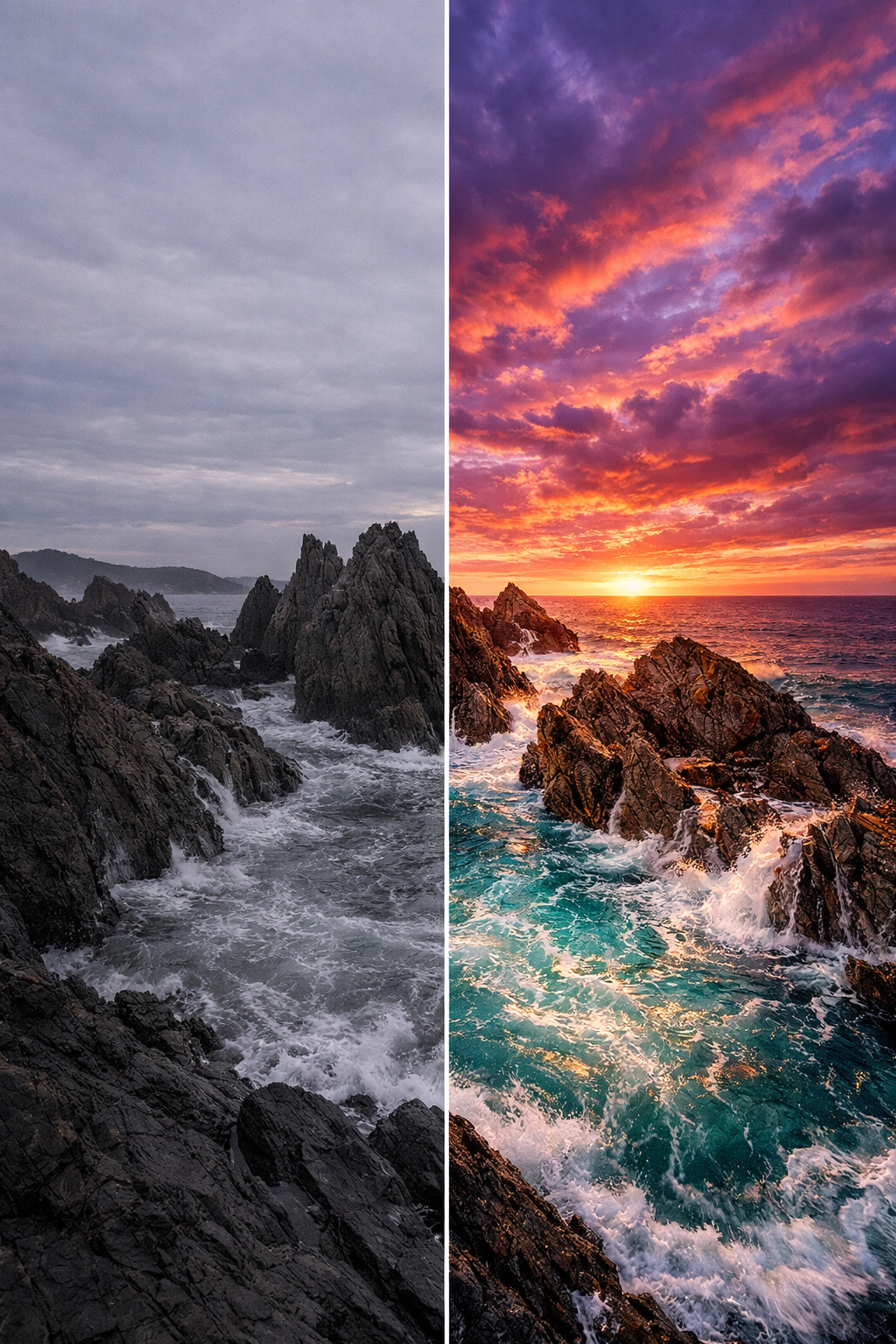 Photo editing tutorials demonstration showing a raw landscape vs a finished, vibrant image.