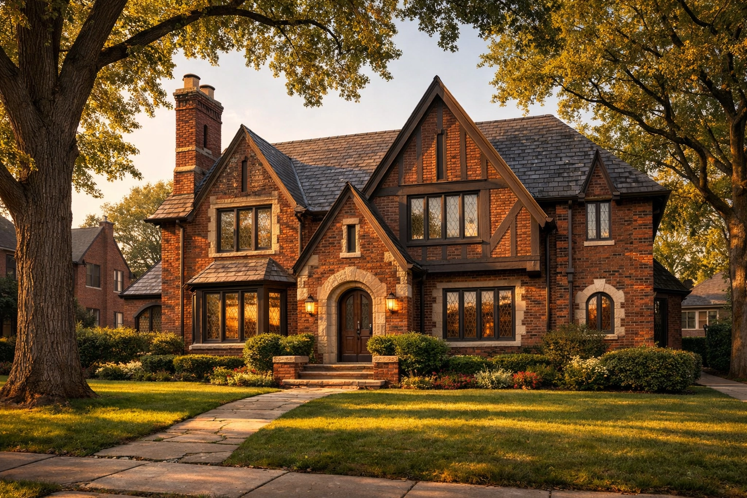 Classic 1920s brick Tudor historic home in a Detroit neighborhood at golden hour.