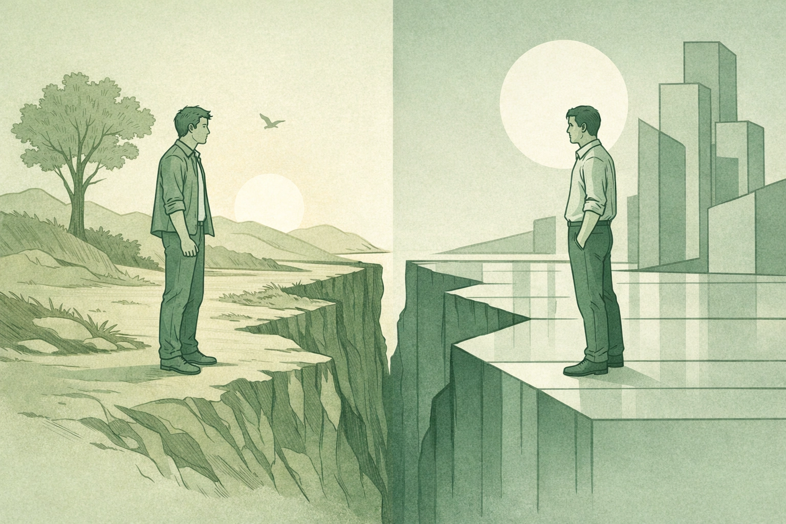 Two men separated by divide choosing between real human connection and artificial safety