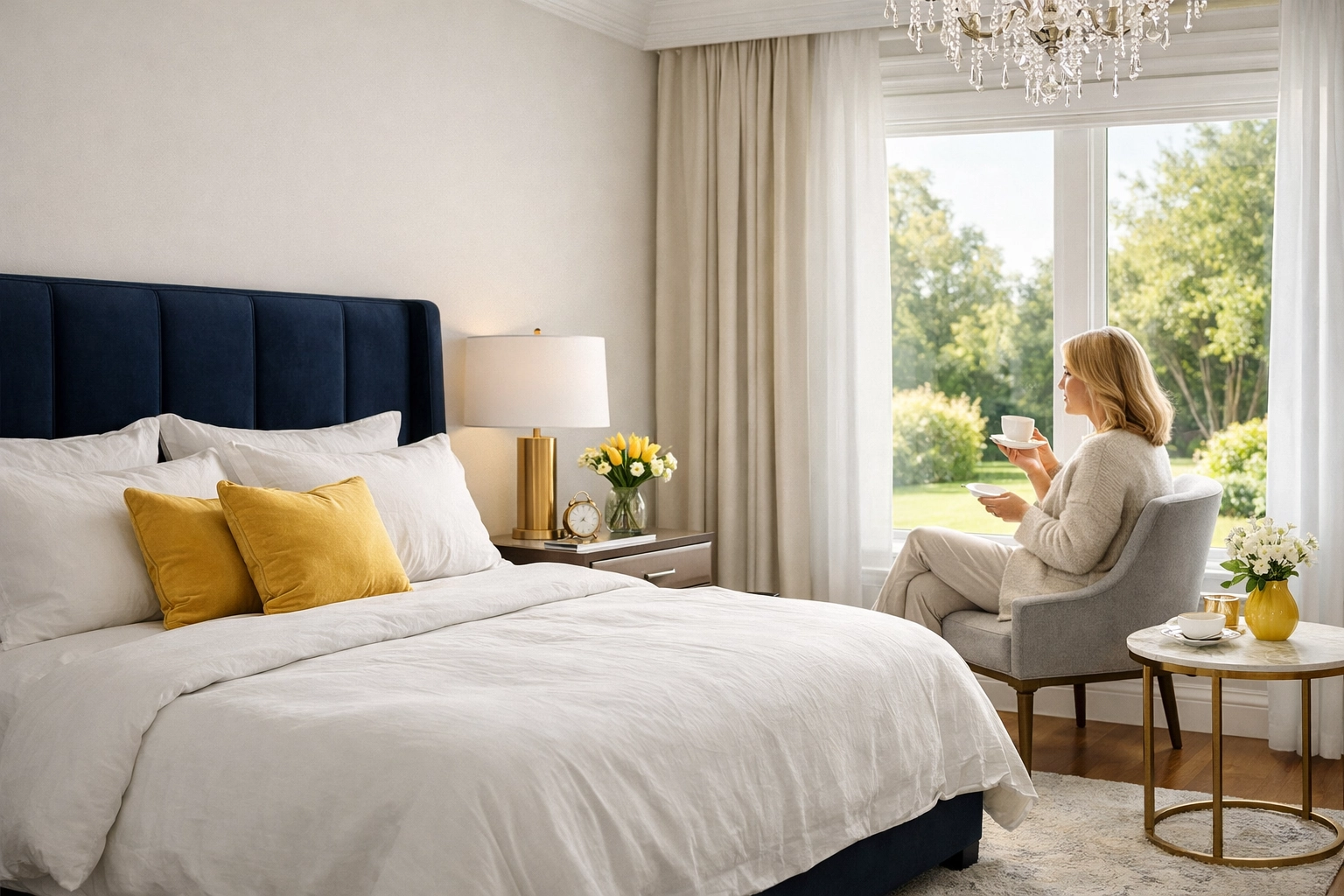 A clean, dust-free bedroom where a resident relaxes, showing the peace of mind from weekly house cleaning in Townsend.