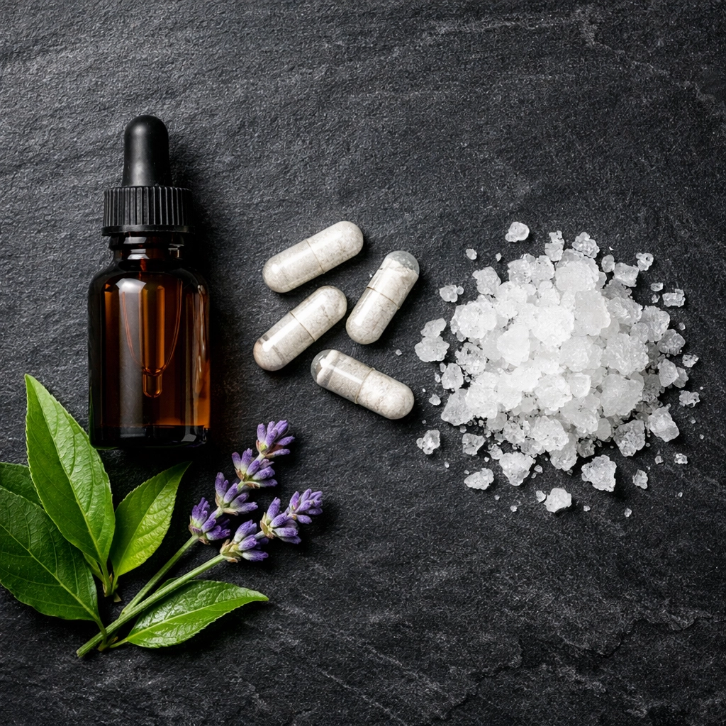 A selection of sleep supplements including magnesium and calming herbs for shift worker recovery.