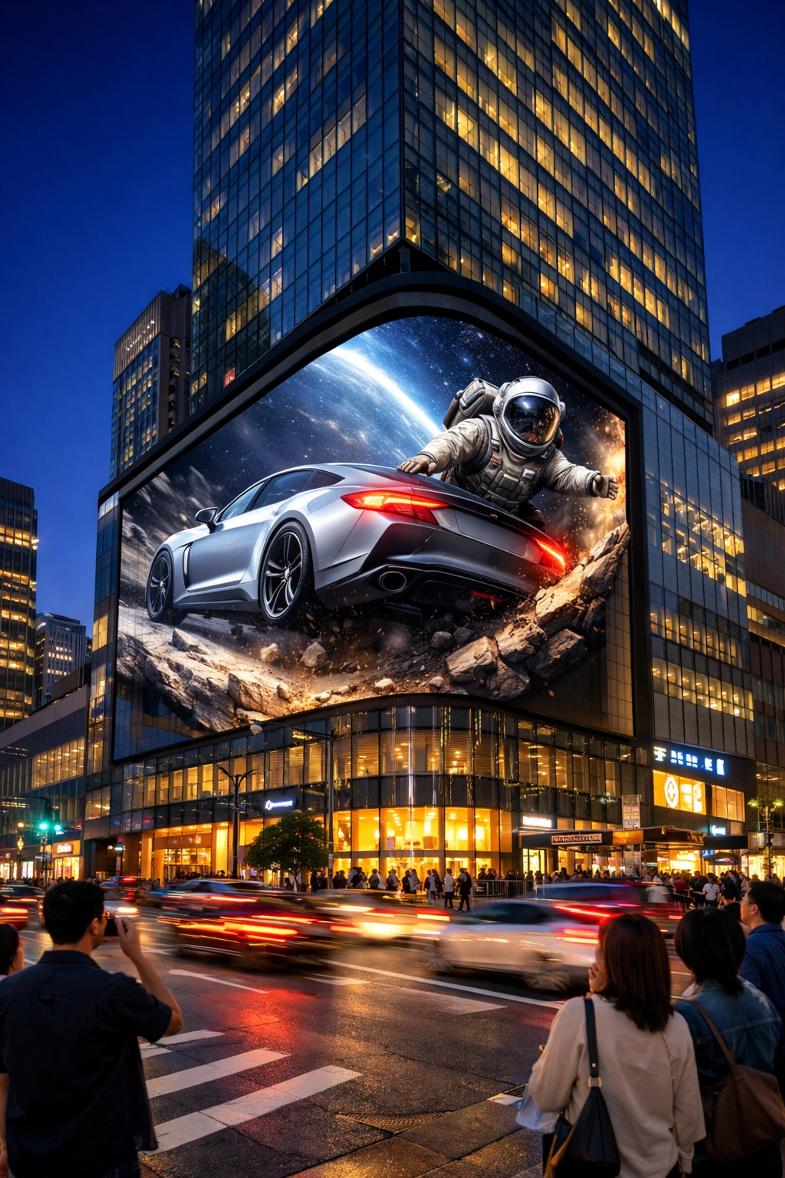 Large 3D digital billboard on a modern building showcasing innovative media assets and advertising.