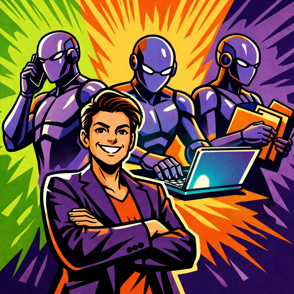 Business owner leading an automated team of AI tools to manage daily operations.