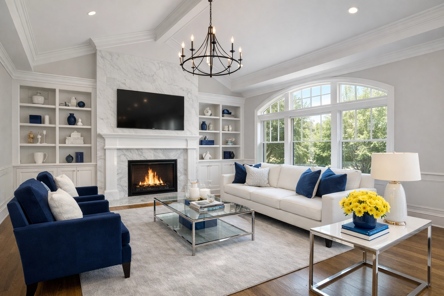 A spotless luxury living room following a professional post construction cleaning service in Hudson, Massachusetts.