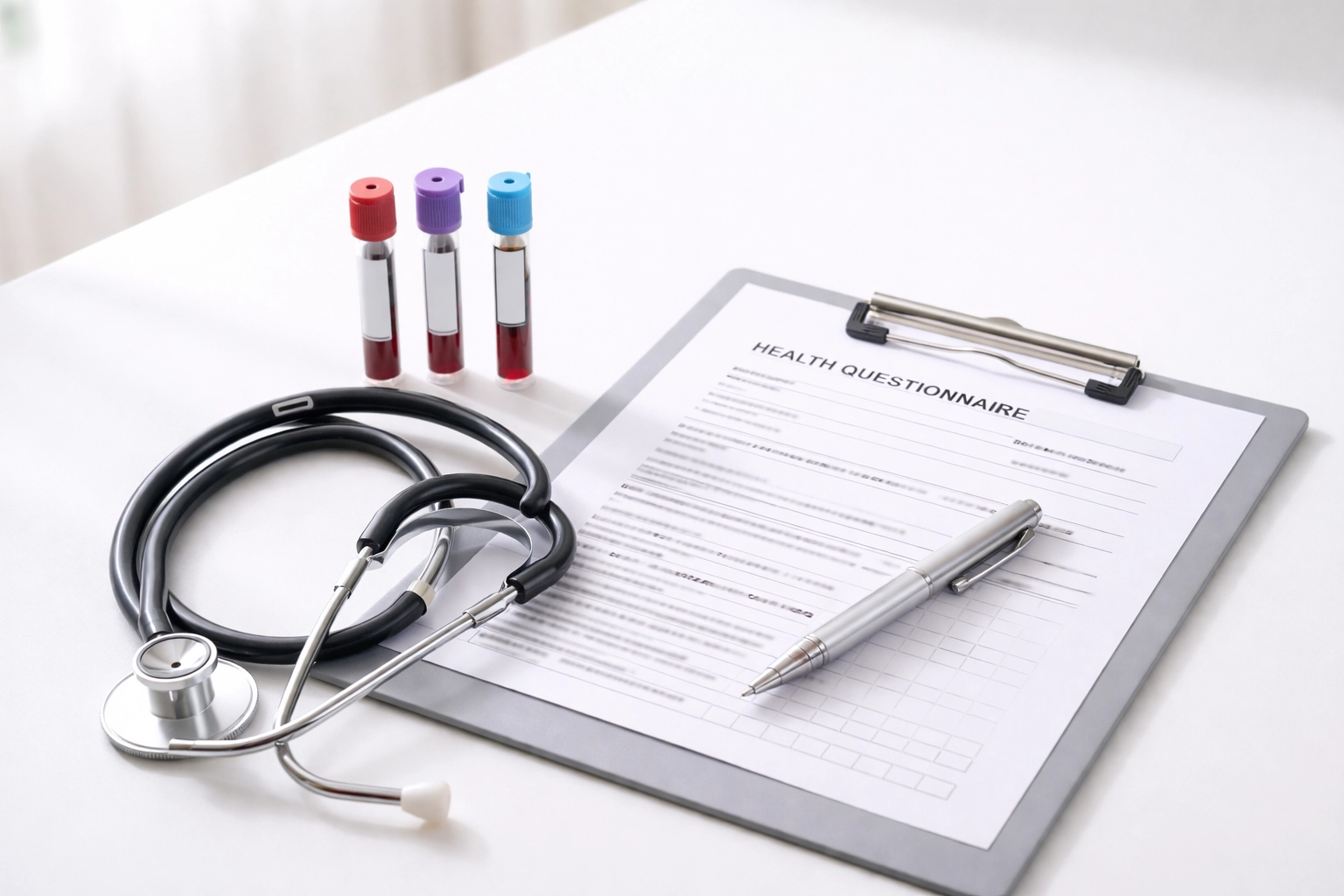 Diagnostic tools and health forms arranged on a desk, highlighting thorough medical evaluation in weight loss programs.