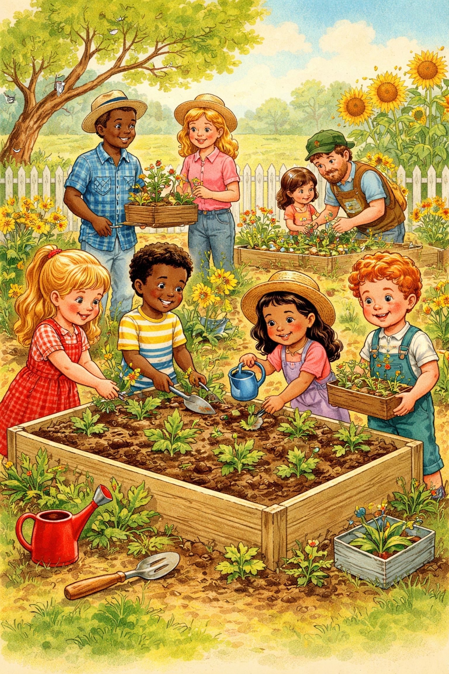 Families and children planting seedlings together in a sunny community garden, building kindness and inclusion.