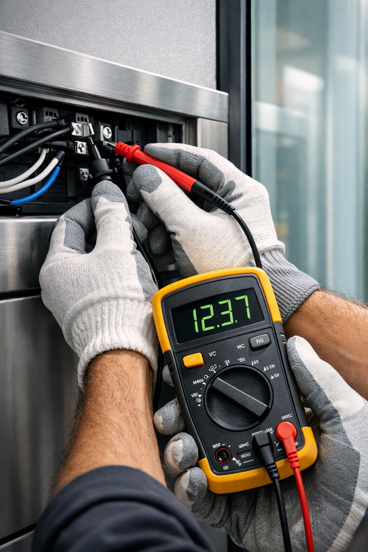 Electrician testing smart glass electrical connections with multimeter during installation