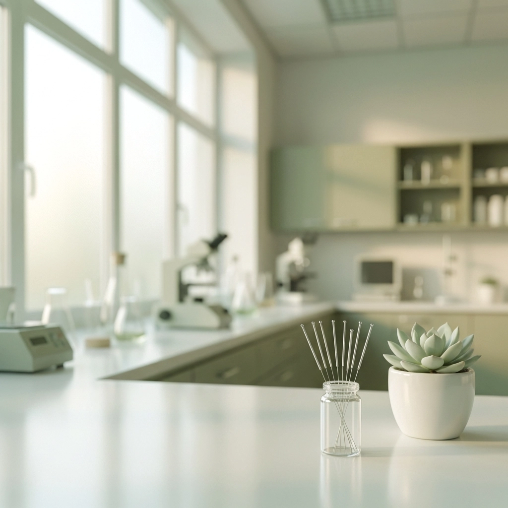 Acupuncture needles and succulent plant in a tranquil science lab highlighting research on alternative medicine