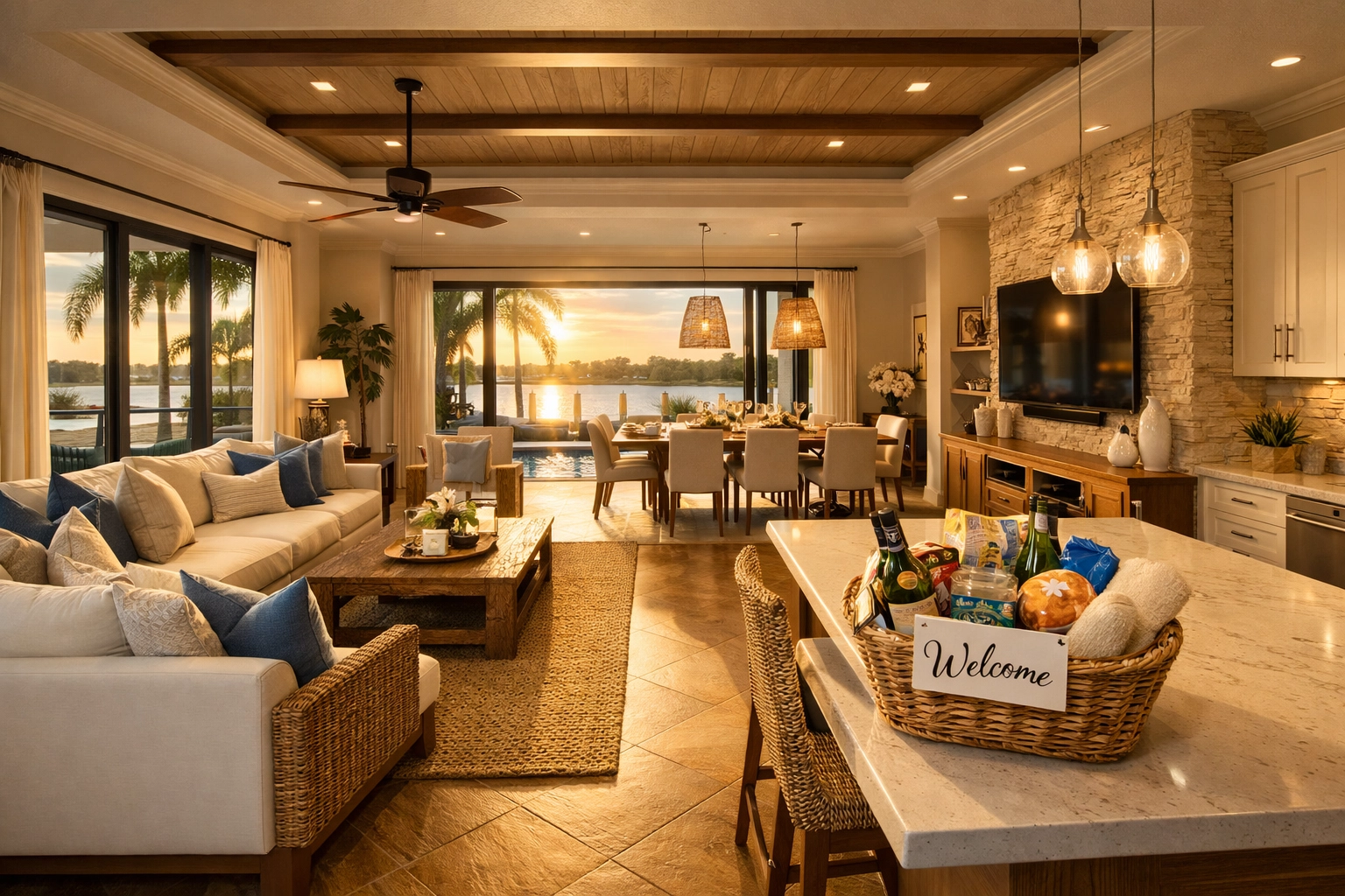 Staged luxury living room in a Kissimmee Airbnb after a professional vacation rental cleaning reset.