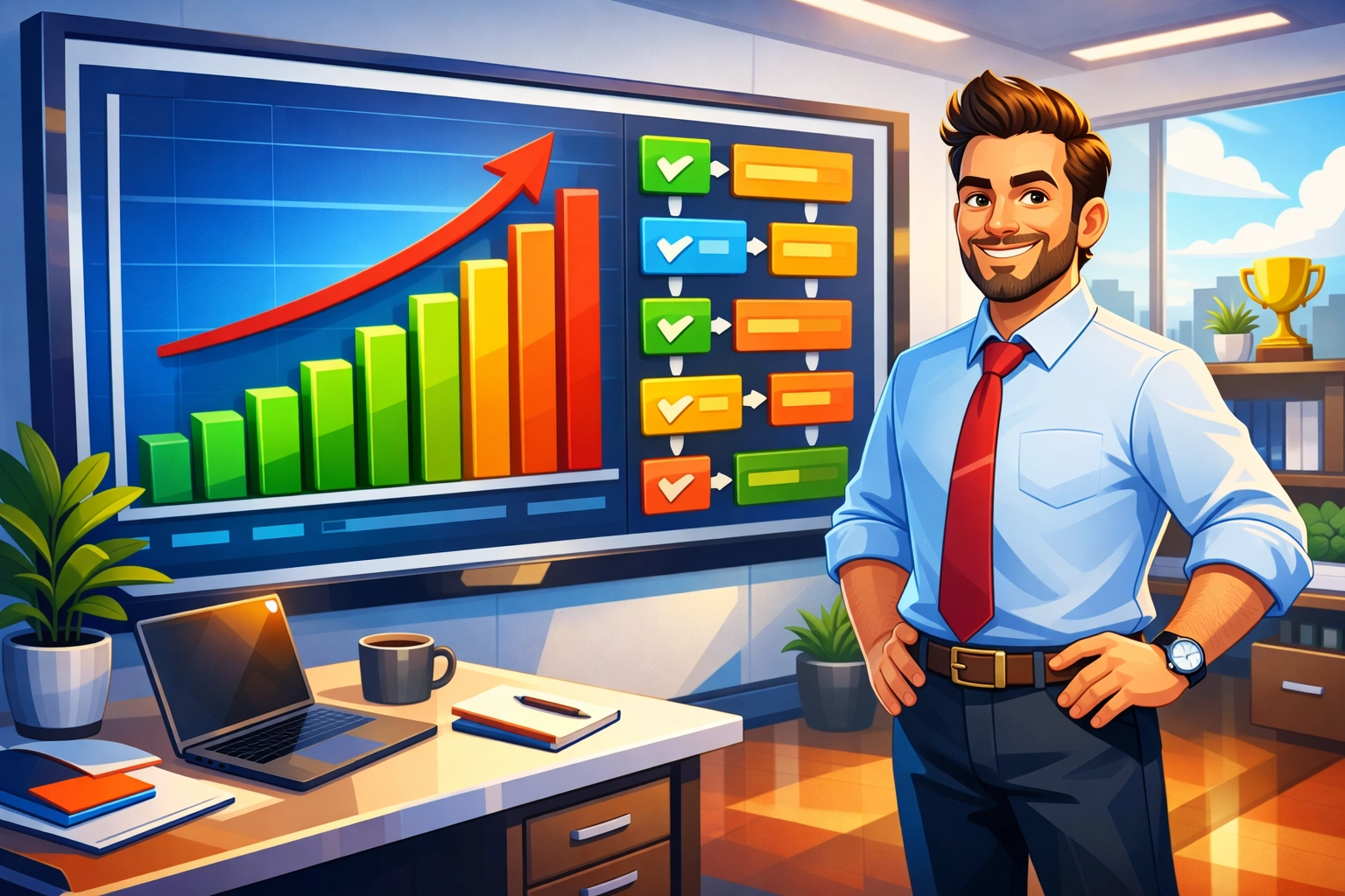 Business owner viewing a sales pipeline dashboard to track enquiry conversion rates and growth.