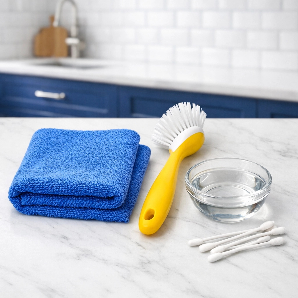 Organized toaster cleaning supplies including a microfiber cloth and cotton swabs on a counter.