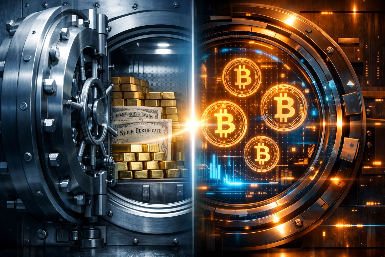 Traditional bank vault and digital Bitcoin vault representing institutional asset integration