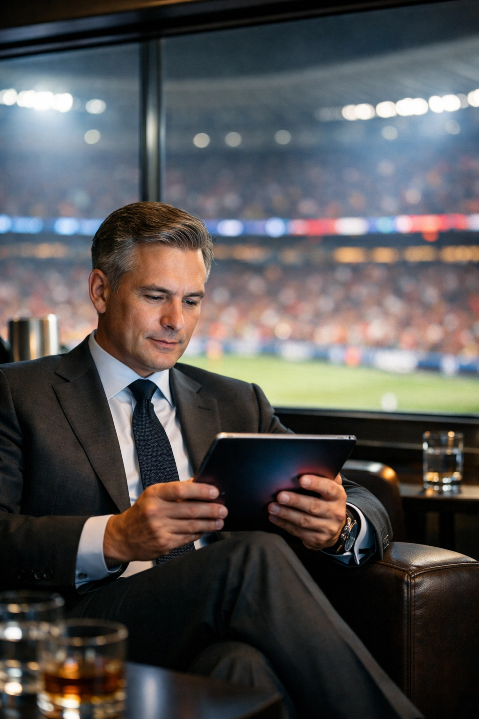 Executive in a luxury stadium lounge reviewing digital marketing analytics for Super Bowl visibility.