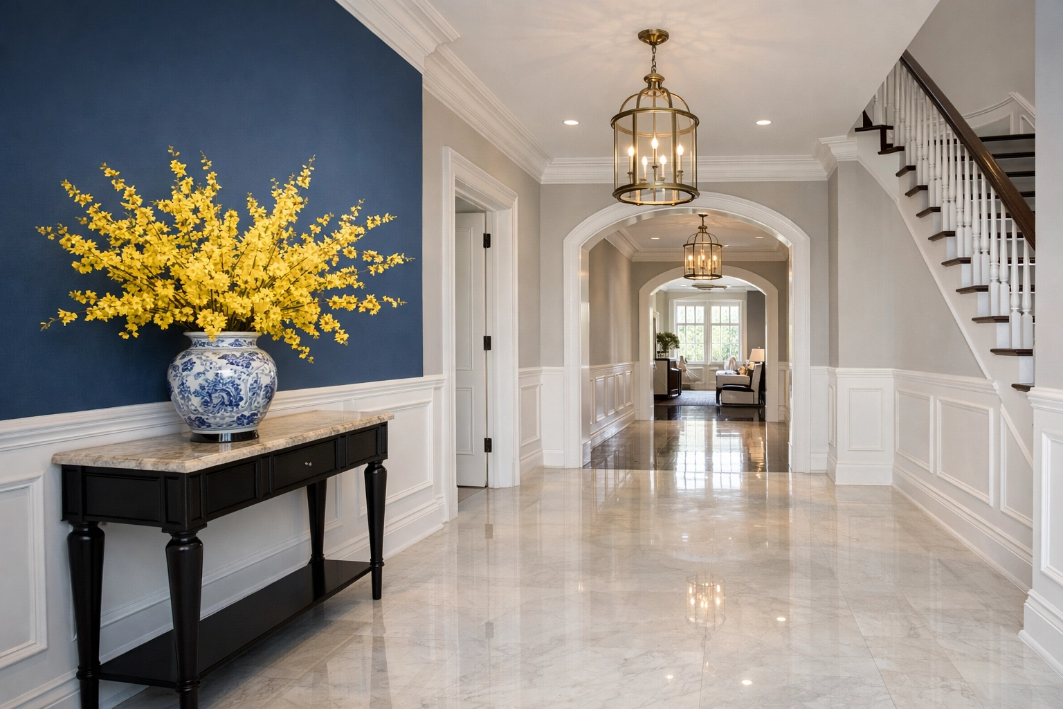 Pristine entryway with reflective floors from professional cleaning services in Bolton MA.