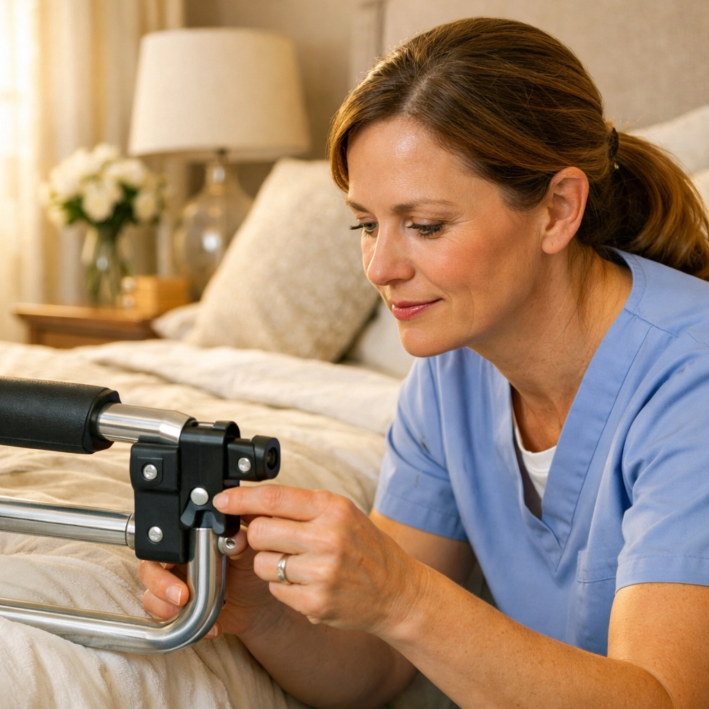 Caregiver inspecting the locking mechanism and bolts of a bedside safety rail for senior fall prevention.
