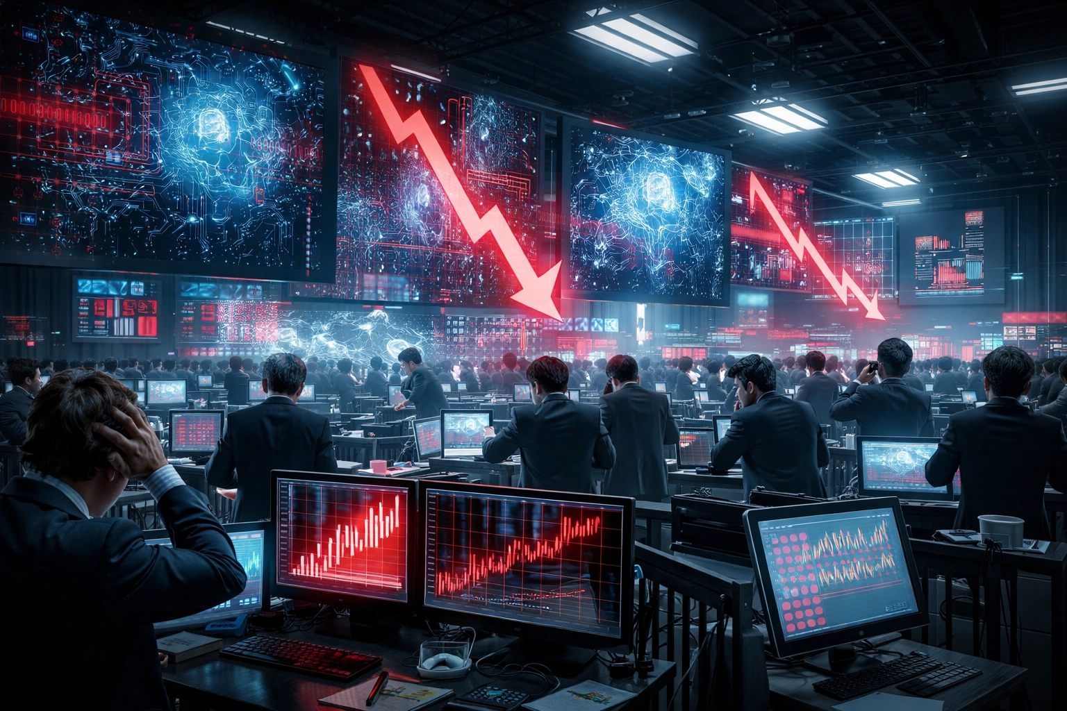 Stock market trading floor in chaos with falling prices and concerned traders, showing big tech's 2026 volatility.