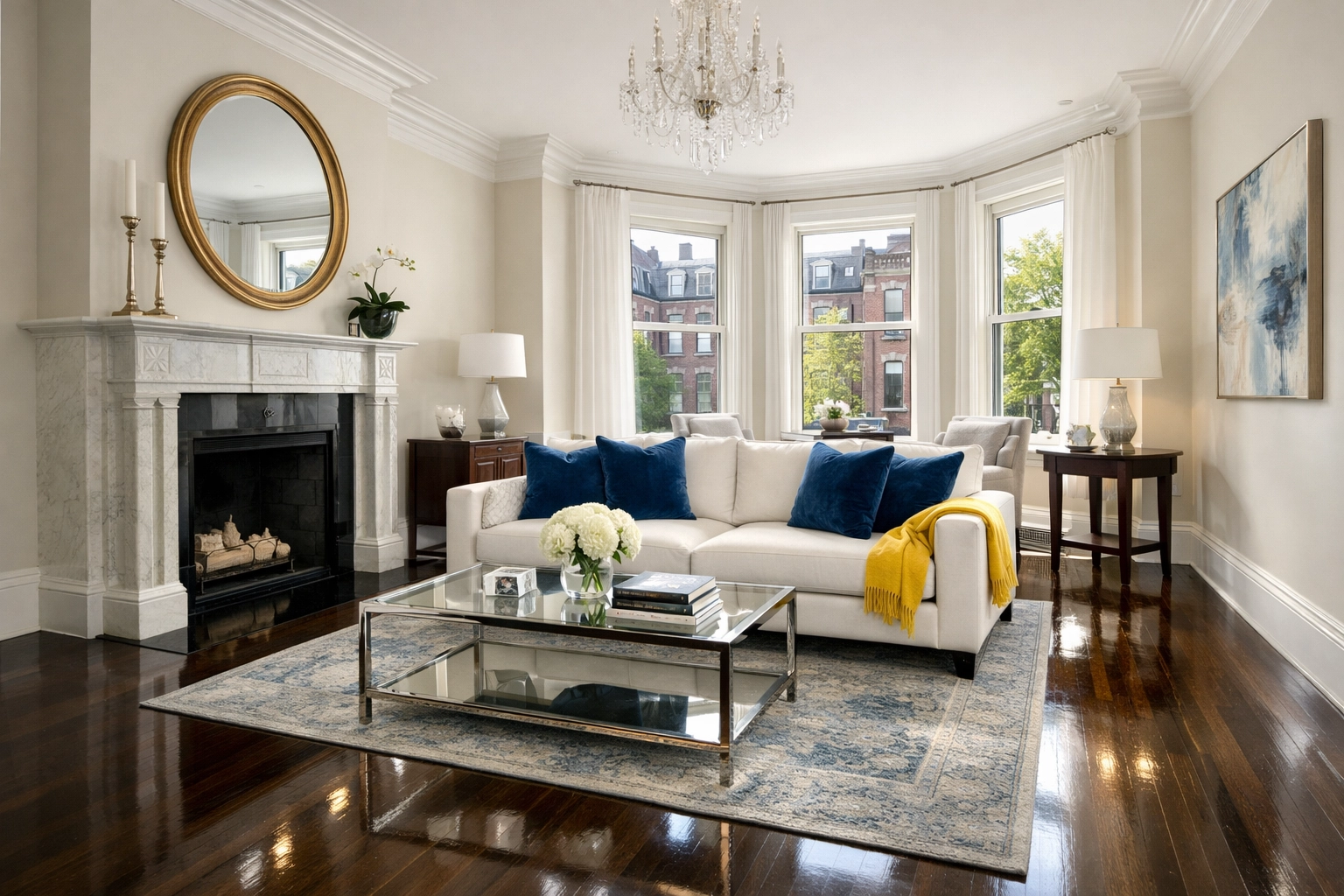 Sun-drenched Boston brownstone living room with clean hardwood floors from recurring residential cleaning Boston.