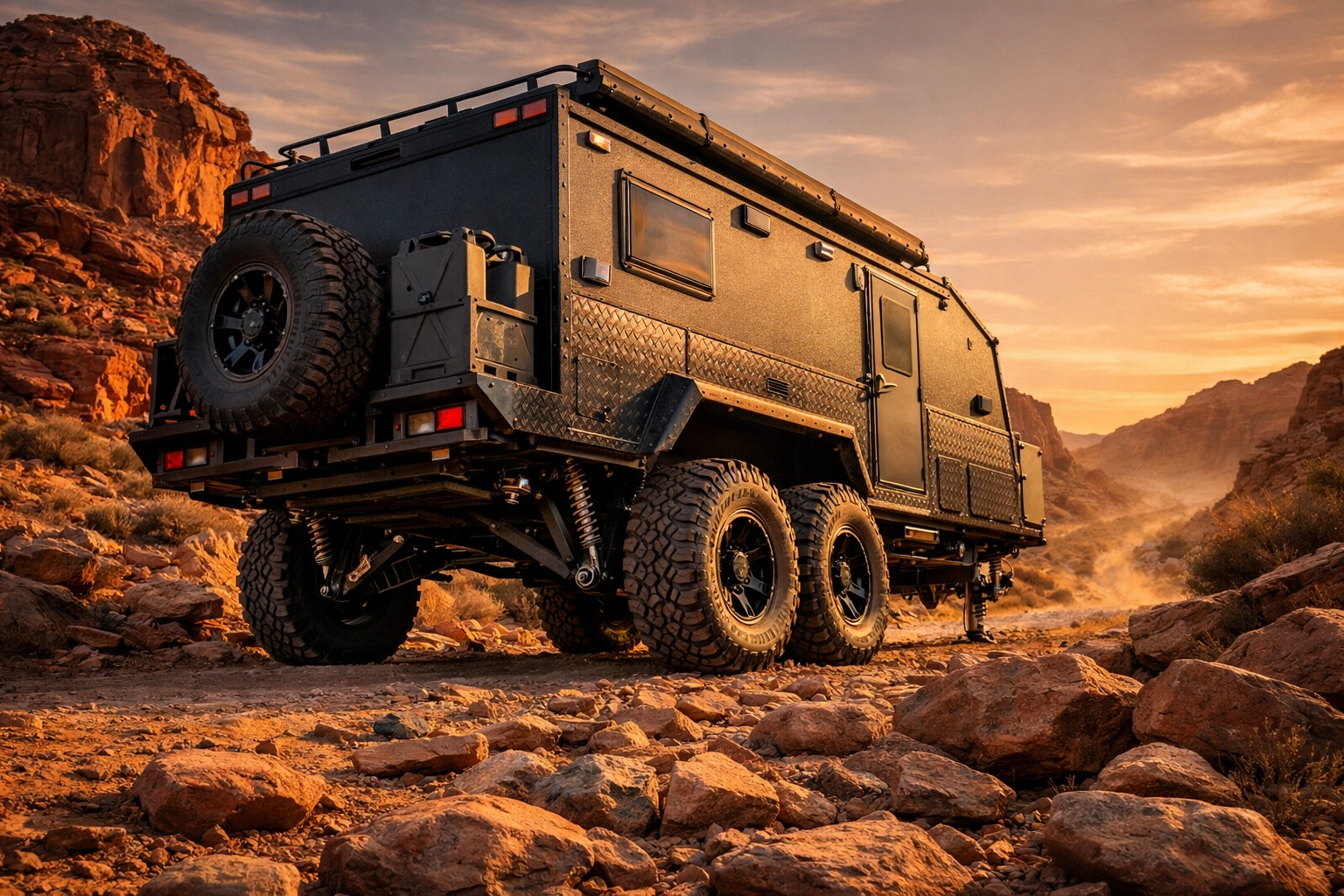 Off-road RV trailer with high ground clearance and independent suspension on rocky desert trail