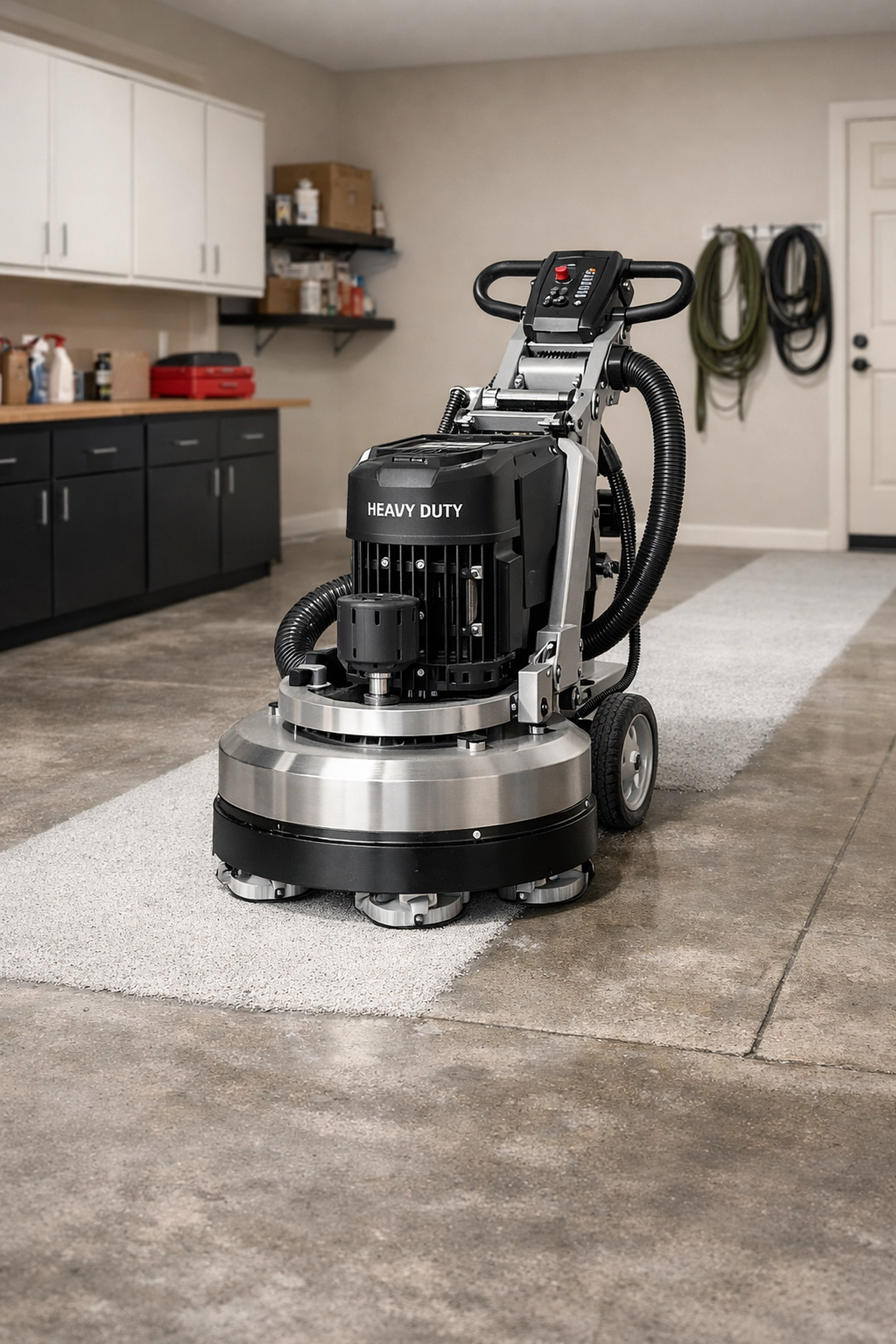 Planetary diamond grinder removing surface contaminants from a residential garage floor.
