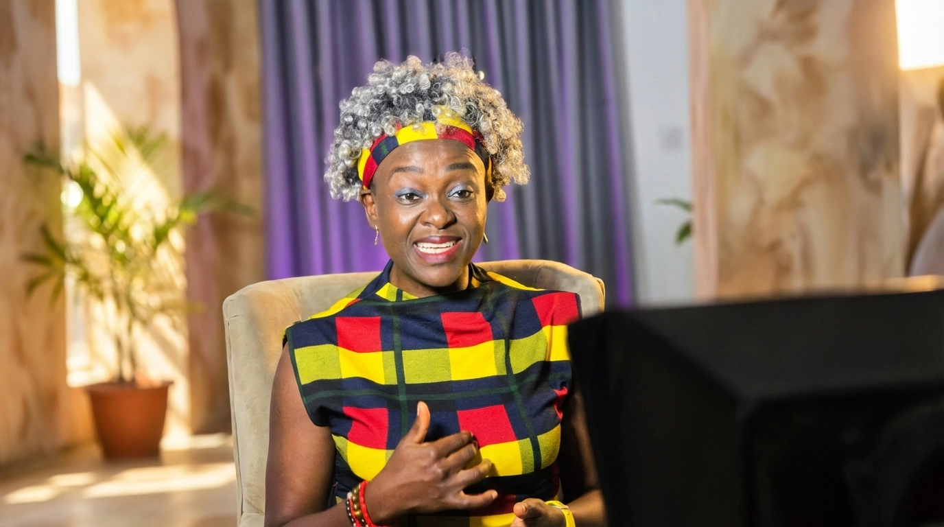 Confident Woman in Colorful Checkered Dress