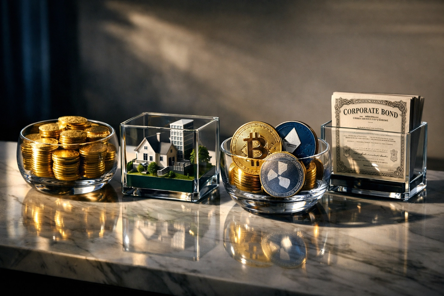 Diversified alternative investment assets including real estate, cryptocurrency, and bonds