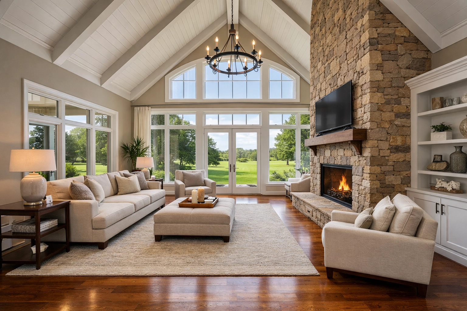 Staged Greensboro living room with vaulted ceilings and stone fireplace for a professional home listing. Staged Greensboro living room with vaulted ceilings and stone fireplace for a professional home listing.