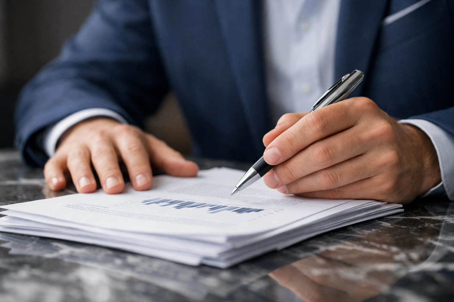 Professional in a suit reviewing financial documents for an Alabama business valuation request.