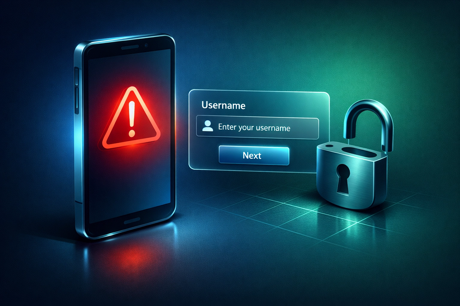 Digital login screen with an unlocked padlock and warning alert, illustrating the risks of missing MFA.