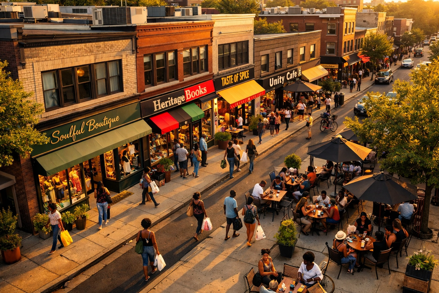 Thriving neighborhood street with Black-owned storefronts and community shoppers