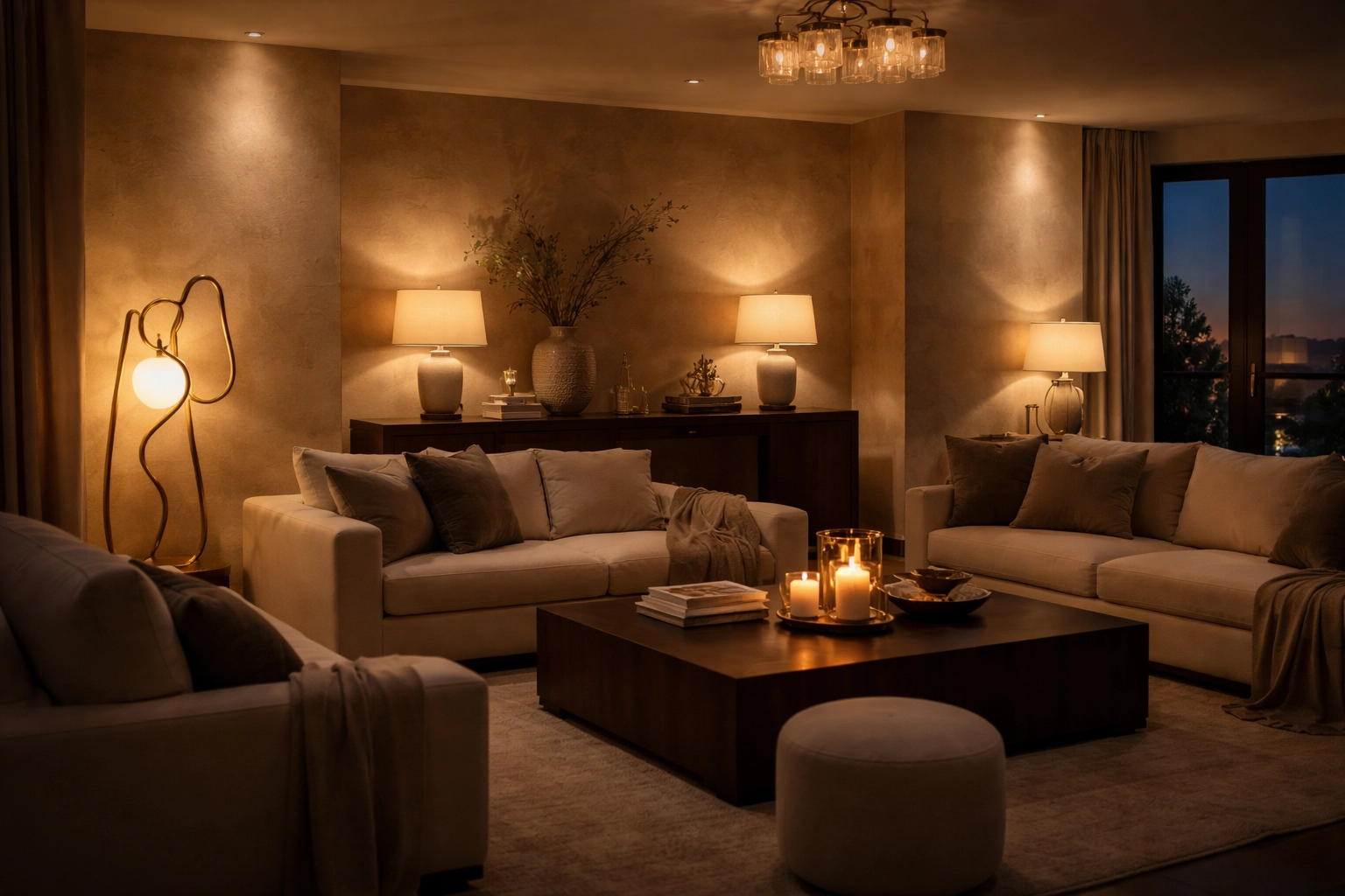 Luxury living room with layered lighting, cream sofas, and brass floor lamp for modern high-end decor warmth