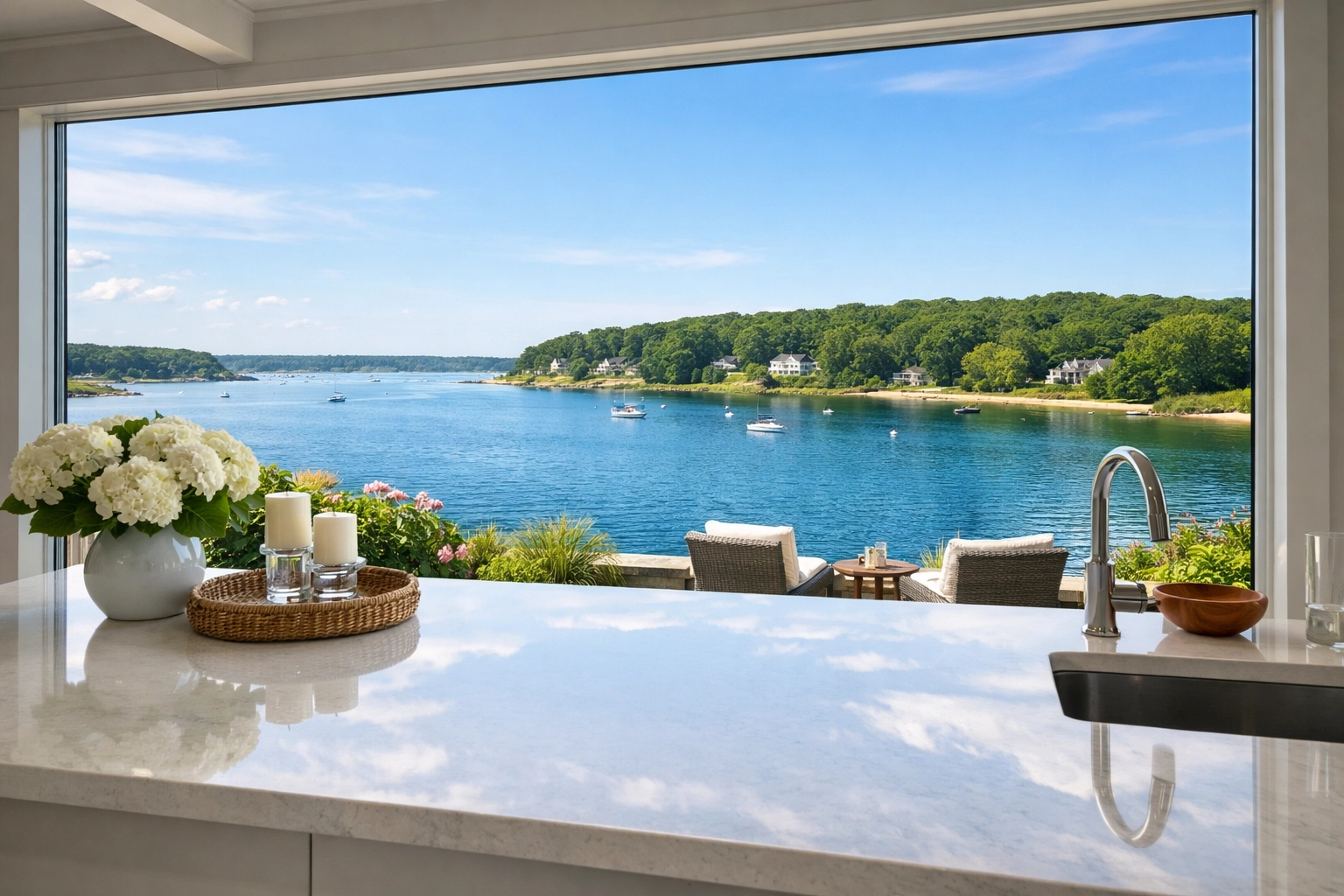 Clean coastal Massachusetts kitchen with a view, reflecting eco-friendly water protection values.