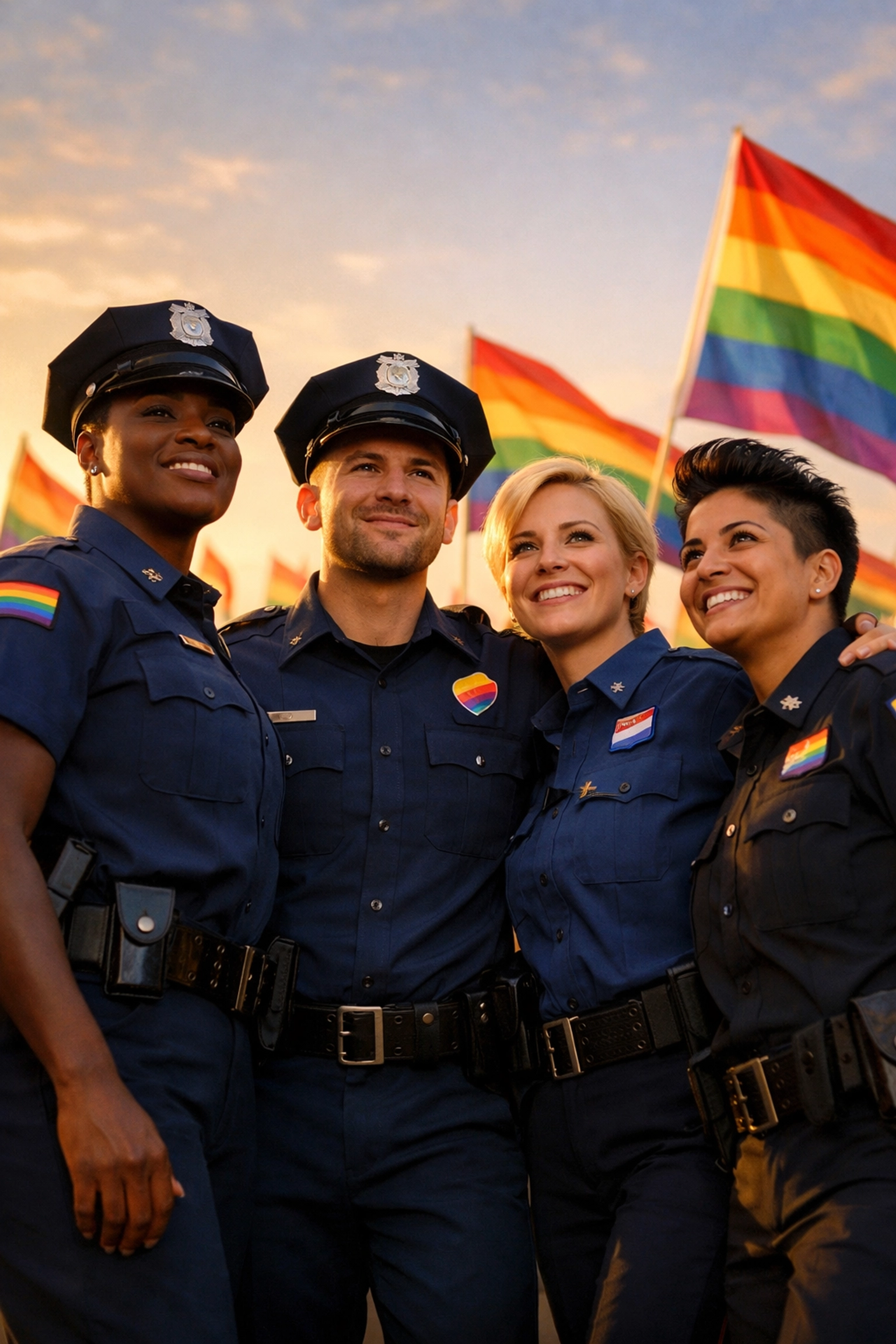 LGBTQ+ police officers standing together at Pride parade with rainbow flags