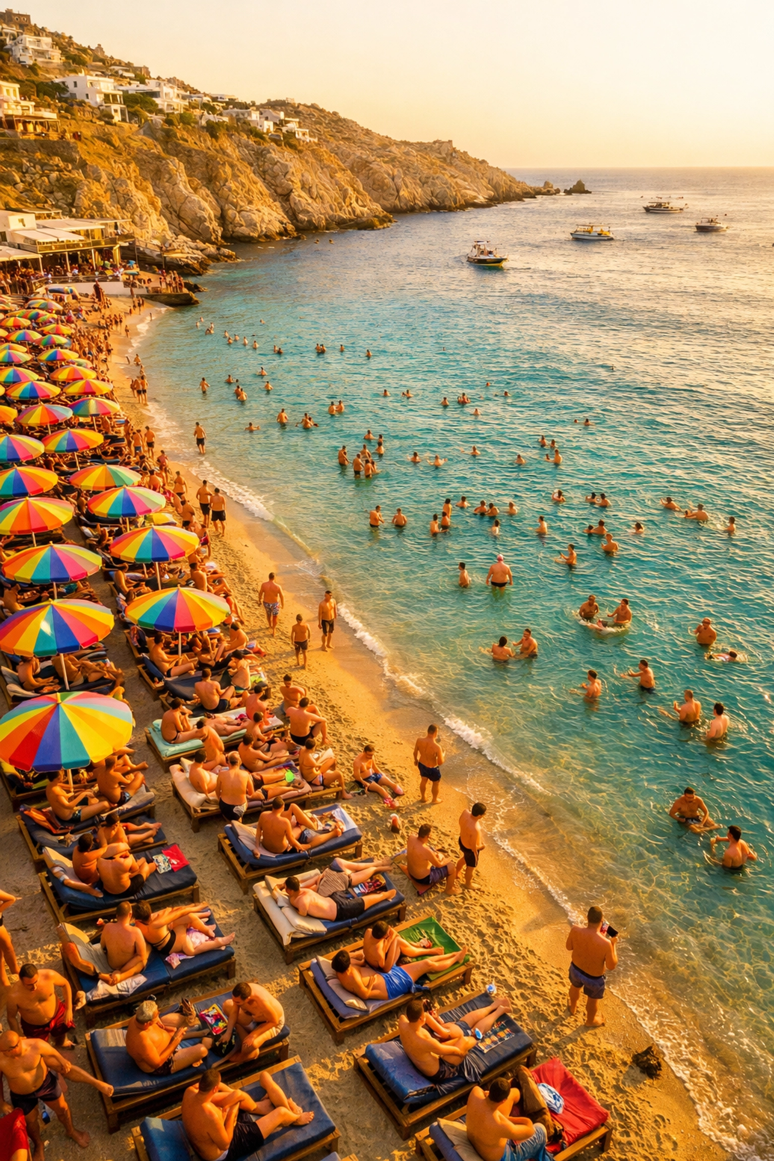 Gay men enjoying Super Paradise Beach in Mykonos with rainbow umbrellas and turquoise Aegean waters